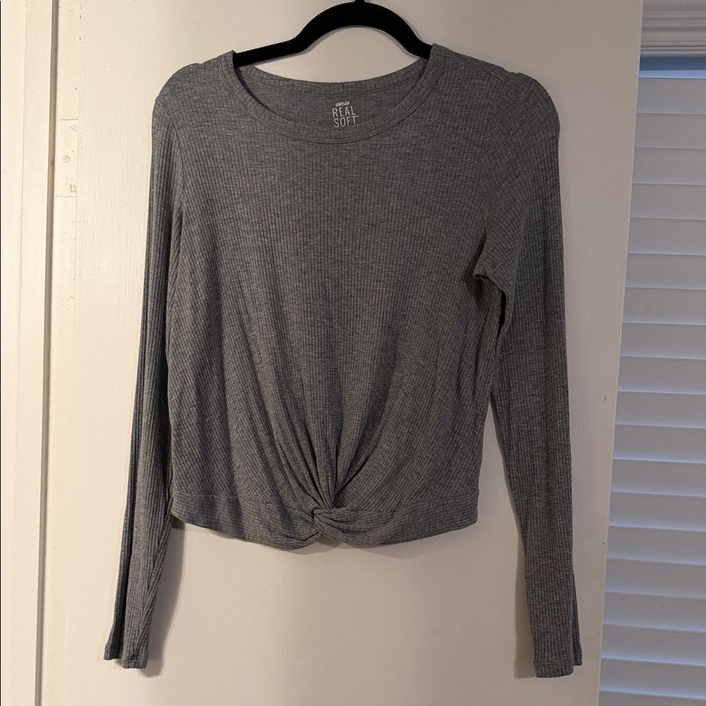 Aerie Gray Long Sleeve Twist Knot Top